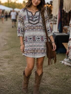 Skies Are Blue Boho Festival Dress shift Mini Tunic western  lined summer XS
